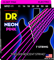 DR NPE7-11 струны для 7-струнной электрогитары, калибр 11-60, серия HI-DEF NEON™, обмотка никелированная сталь, покрытие люминесцентное