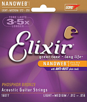 ELIXIR 16077 струны для акустической гитары Phos Bronze, NW Lt- Med (012-016-024-035-045-056), NanoWeb Extra Light (012), покрытие NanoWeb, фосфорная бронза