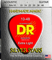 DR SIA-10 струны для акустической гитары, калибр 10-48, серия SILVER STARS™, обмотка посеребрённая медь, покрытие сверху корда