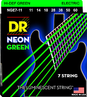 DR NGE7-11  струны для 7-струнной электрогитары, калибр 11-60, серия HI-DEF NEON™, обмотка никелированная сталь, покрытие люминесцентное
