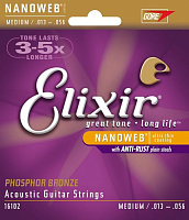 ELIXIR 16102 струны для акустической гитары Phos Bronze, NanoWeb Med (013-017-026-035-045-056), покрытие NanoWeb, фосфорная бронза