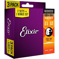 Elixir 16544  Phosphor Bronze Acoustic NANOWEB  Light (.011-.052) 3-pack  Струны для акустической гитары, 3 комплекта