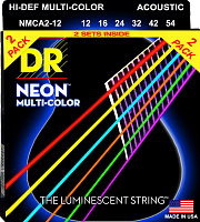 DR NMCA-2/12 струны для акустической гитары, 2 комплекта, калибр 12-54, серия HI-DEF NEON™, обмотка фосфористая бронза, покрытие люминесцентное