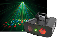 American Dj Galaxian GEM LED зеленый красный лазер + эффект двойного "лунного цветка". 46 светодиодов (16 красных, 10 зеленых, 10 синих, 10 белых), 3 режима работы: DMX-512, звуковая активация, Master/Slave, стробоэффект, срок службы светодиодов 50 000ч.,