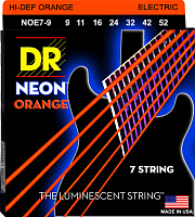 DR NOE7-9  струны для 7-струнной электрогитары, калибр 9-52, серия HI-DEF NEON™, обмотка никелированная сталь, покрытие люминесцентное
