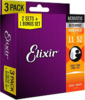 Elixir 16538  80/20 Bronze Acoustic NANOWEB  Light (.011-.052) 3-pack  Струны для акустической гитары, 3 комплекта, Custom Light, бронза 80/20, 11-52