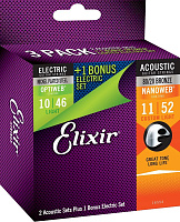 Elixir 16554 струны для акустической гитары Custom Light 11-52 (2 комплекта) + 1 комплект для электрогитары Optiweb 10-46