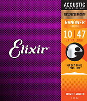 ELIXIR 16002 струны для акустической гитары Phos Bronze, NanoWeb Extra Light (010-014-023-030-039-047), ультра тонкое покрытие NanoWeb, фосфорная бронза