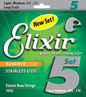 Elixir 14782 NanoWeb  струны для 5-струнной бас-гитары, Medium 45-135, сталь