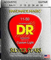 DR SIA-11 струны для акустической гитары, калибр 11-50, серия SILVER STARS™, обмотка посеребрённая медь, покрытие сверху корда