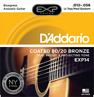 D'ADDARIO EXP14 струны для акустической гитары бронза 80/20 в оболочке, Light Top/Medium Bottom/Bluegrass, 6-гранный корд, 12-56
