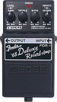 BOSS FDR-1  педаль гитарная Fender `65 Deluxe Reverb. Регуляторы: Level, Gain, EQ, Vibrato и Reverb . Индикатор Check. Разъемы: вход/выход (гнезда Jack), гнездо для адаптера 9V. Питание: батарея 9V `Крона`. В комплекте: руководство пользователя, углеродна