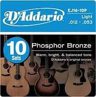 D'ADDARIO EJ16-10P 10 комплектов струн для акустической гитары фосфор/бронза Light, 12-53