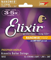 Elixir 16152 NanoWeb  струны для  12-струнной акустической гитары, Light 10-47/10-27, фосфор/бронза