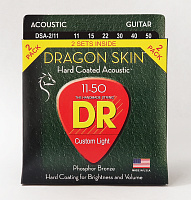 DR DSA-2/11 струны для акустической гитары, 2 комплекта, калибр 11-50, серия DRAGON SKIN™, обмотка фосфористая бронза, покрытие есть
