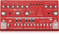 Behringer TD-3-RD басовый синтезатор, встроенный дисторшн, VCO, VCF, VCA, 16-шаговый секвенсор, 16 голосов. Цвет красный