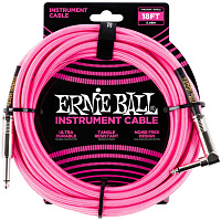 ERNIE BALL 6083  кабель инструментальный оплетенный, длина 5,49 метра, прямой / угловой джеки, цвет розовый неон
