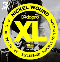 D'ADDARIO EXL125-3D Струны для электрогитары, Super Light Top/Regular Bottom,9-46, 3 комплекта в упаковке