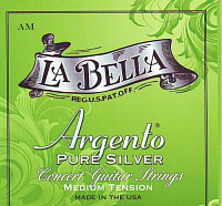 LA BELLA AM ARGENTO  струны для классической гитары, натяжение среднее, нейлон, обмотка чистое серебро, второй комплект голосов, (суммарное натяжение 35,5 кг/36,81 кг)
