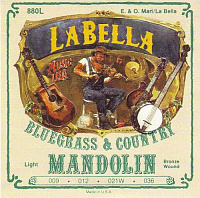 LA BELLA 880L  струны для мандолины, фосфорная бронза, легкое натяжение (в компл. по 2 шт: 009p-012p-021w-036w)