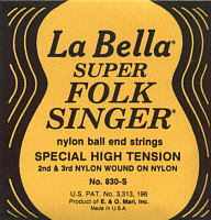 LA BELLA 830S Folksinger - струны - 1 струна - черный нейлон, 2и3 струны - чистый нейлон, басы - обмотка бронза, шариковые наконечники