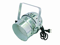 EUROLITE LED PAR-56 RGB 10mm Short silver  Светодиодный прожектор(108 LEDs по 10мм), угол раскрытия луча 25-30 гр, синтез цвета RGB, управление DMX512 (5 каналов), встроенный микрофон. Цвет -серебристый.